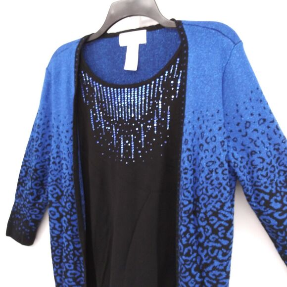 Alfred Dunner Blouse Womens Size S Blue Metallic Sequin Cardigan Layered 2 in 1 - Picture 2 of 7